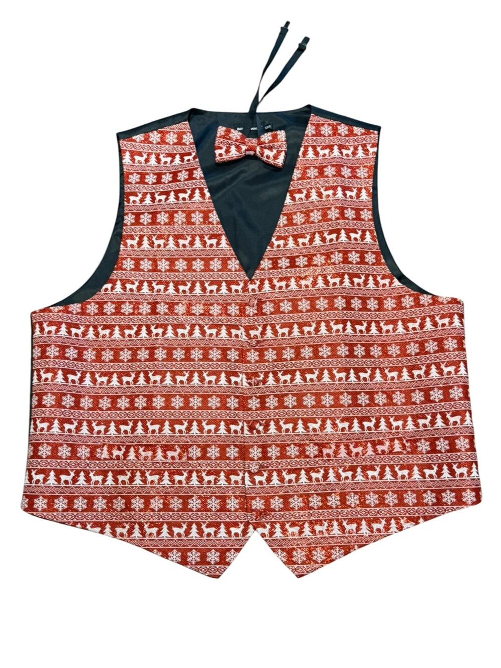 Barry Wang Men’s XXXL Red & White Reindeer Print Christmas Vest with BowTie